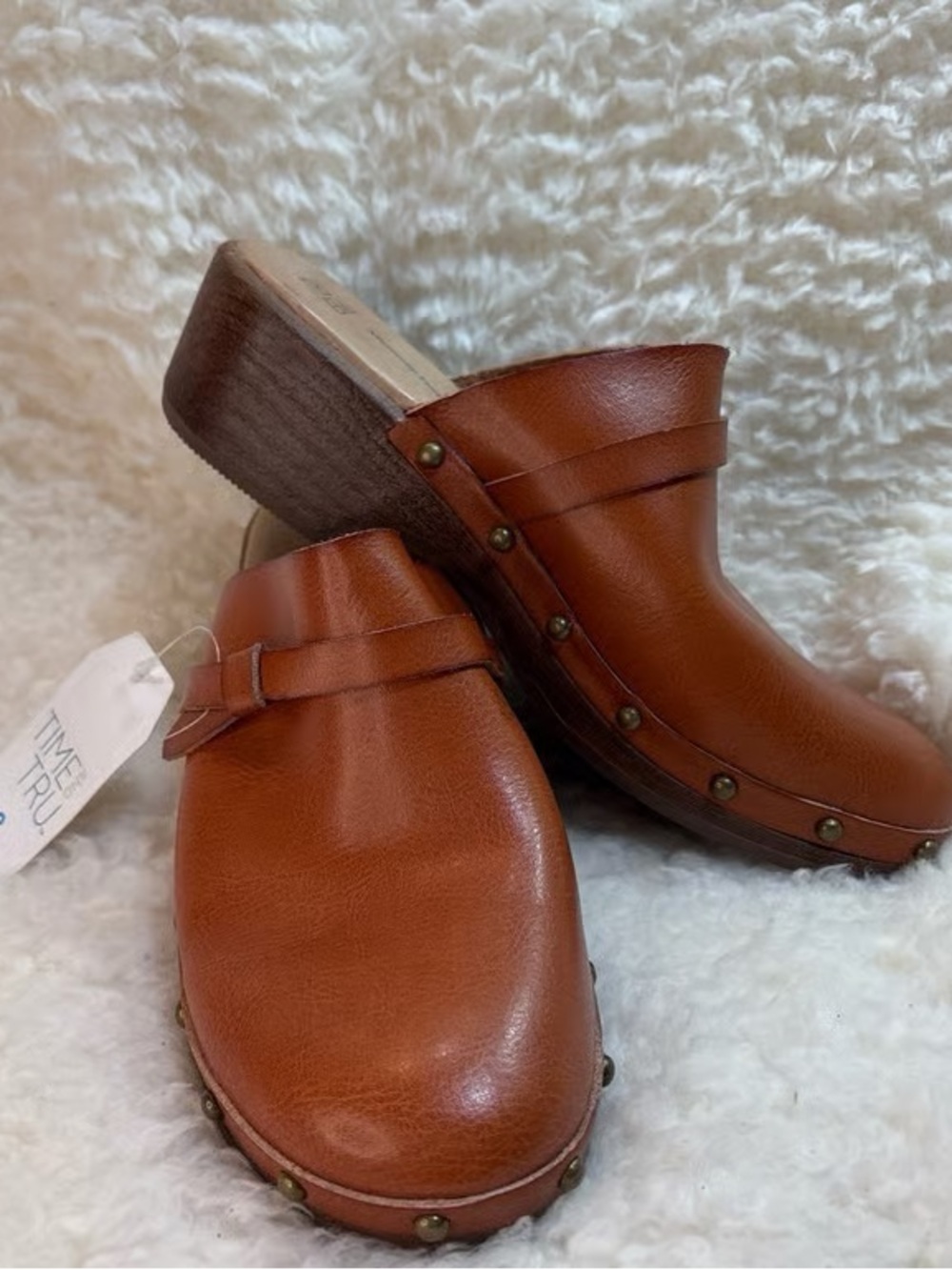 Time and Tru Tan Leather Studded Wedge Clogs
